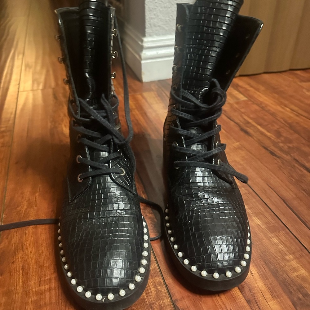 Stuart Weitzman Black Croc-Patterned Ankle Booties